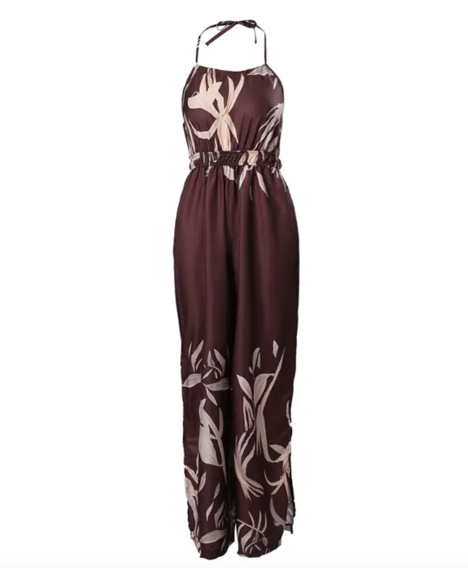 Women's Jumpsuit - Halter Neck - Cinched Waist - Wide-Leg Flowing Fabric - Floral Print