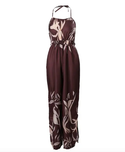 Women's Jumpsuit - Halter Neck - Cinched Waist - Wide-Leg Flowing Fabric - Floral Print