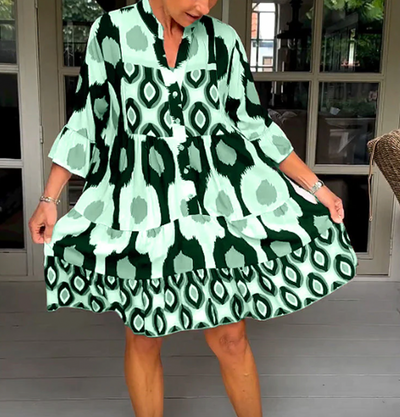 Women's Dress - Button-Down Front - Flowy Fit - Three-Quarter Flared Sleeves - Abstract Pattern