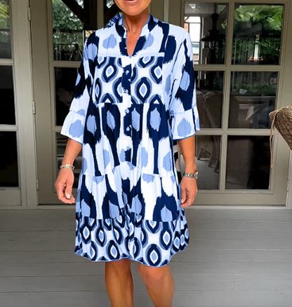 Women's Dress - Button-Down Front - Flowy Fit - Three-Quarter Flared Sleeves - Abstract Pattern