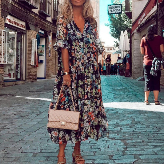 Women's Maxi Dress - Bohemian Floral Print - V-Neck - Elbow Sleeve Flowy Fit