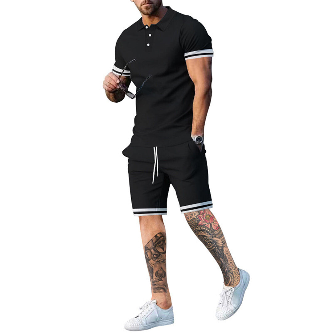 Men’s Polo Shirt and Shorts Set – Slim Fit – Breathable Blend – Sporty Stripe Detail