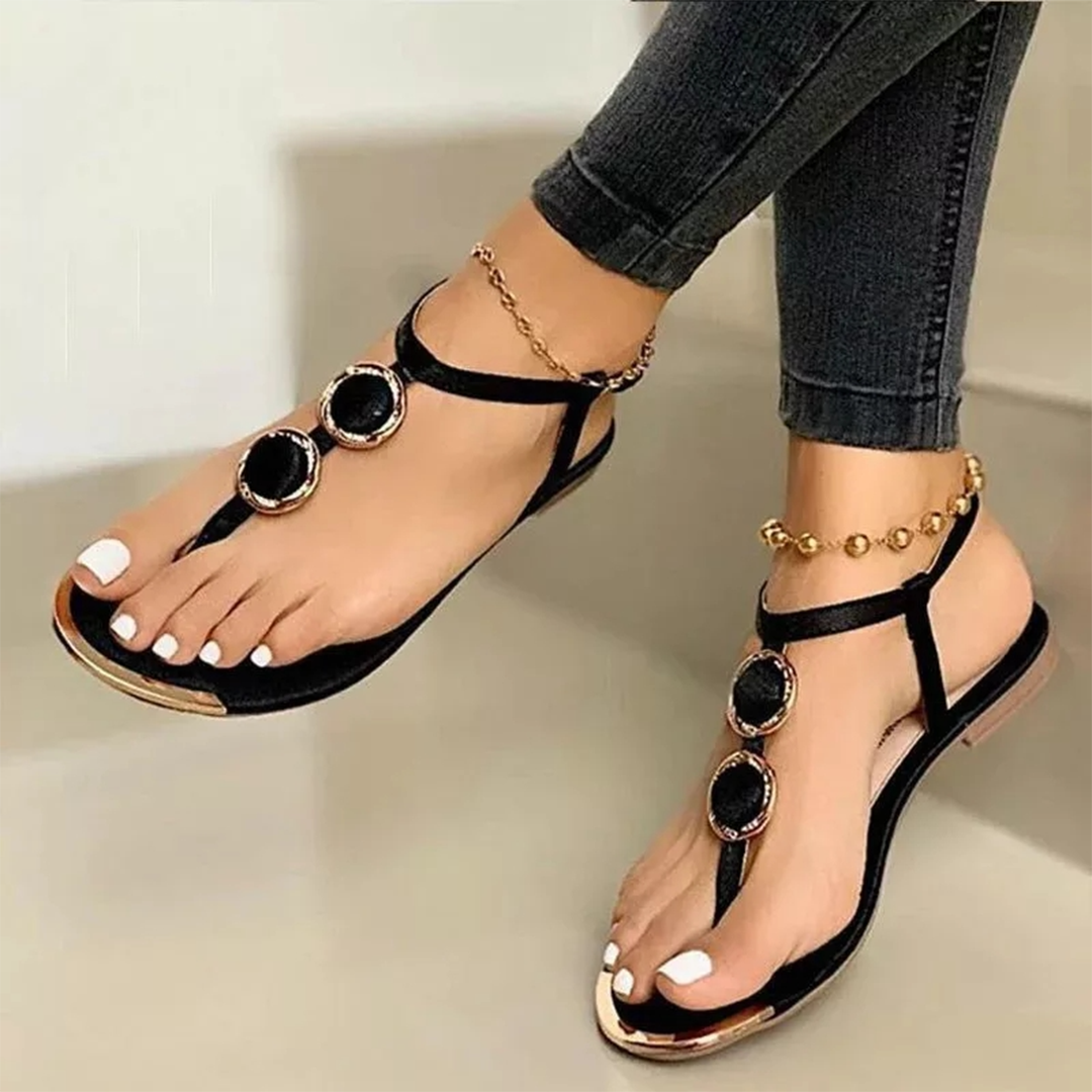 Women's Sandals - Flat Sole - Thong Strap - Decorative Embellishments - Ankle Strap