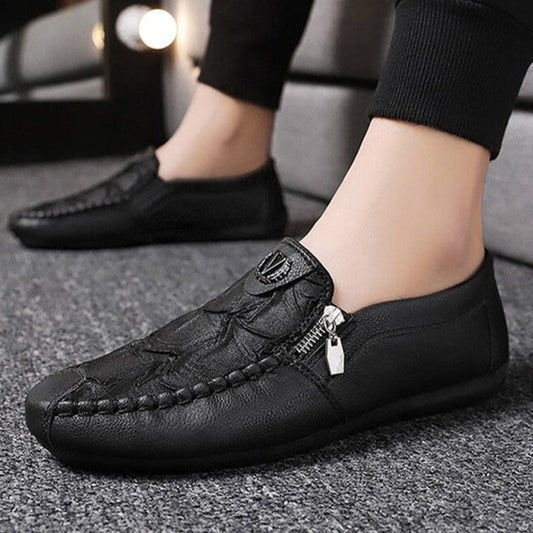 Men’s Slip-On Loafers – Leather – Moccasin Stitch – Metal Zip – Classic Fit