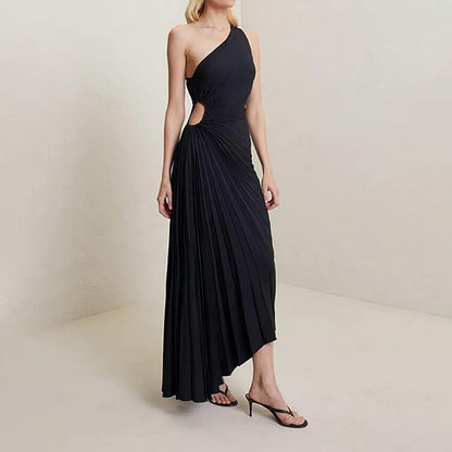 Women's One-Shoulder Evening Gown - Pleated Design - Fitted Bodice - Floor-Length Elegant Wear