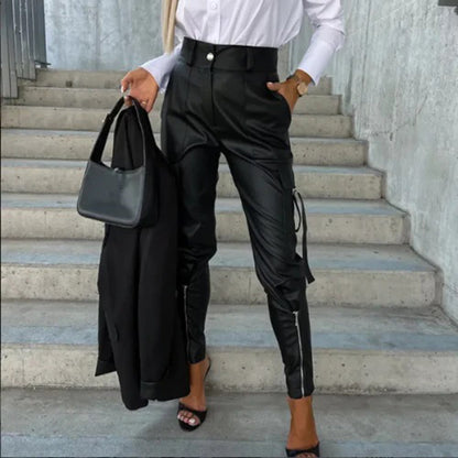 Women's sleek synthetic leather slim fit high-rise multi pocket pants