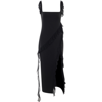 Women's Maxi Dress - Square Neck - Ruffled Straps - High-Low Hem - Elegant Party Wear