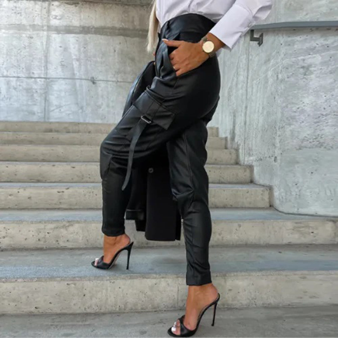Women's High-Waisted Faux Leather Trousers - Tapered Fit - Multi-Pocket Cargo Style