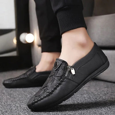 Men’s Slip-On Loafers – Leather – Moccasin Stitch – Metal Zip – Classic Fit