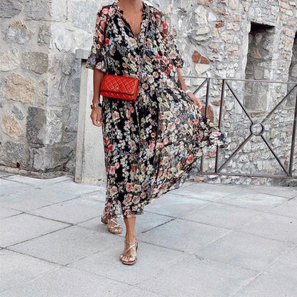 Women's Maxi Dress - Bohemian Floral Print - V-Neck - Elbow Sleeve Flowy Fit