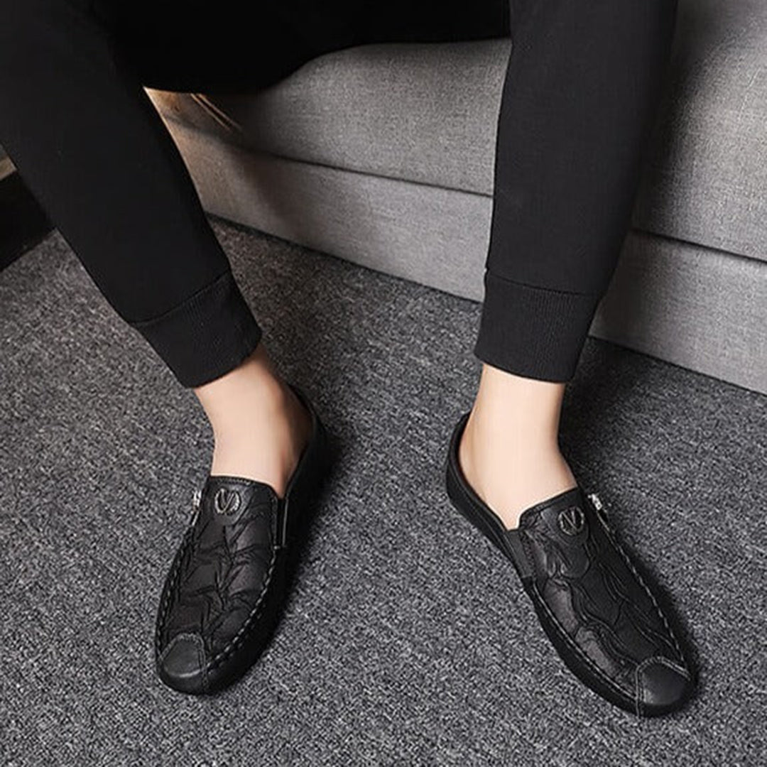 Men’s Slip-On Loafers – Leather – Moccasin Stitch – Metal Zip – Classic Fit