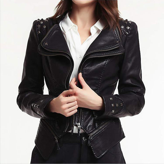 Women's Leather Jacket - Fitted Biker Style - Studded Lapel & Cuffs - Zippered Details