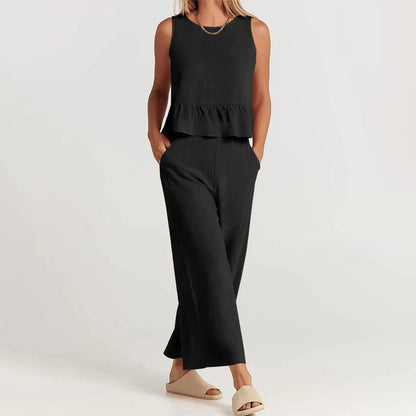 Women's sleeveless top with ruffles and wide-leg pants set