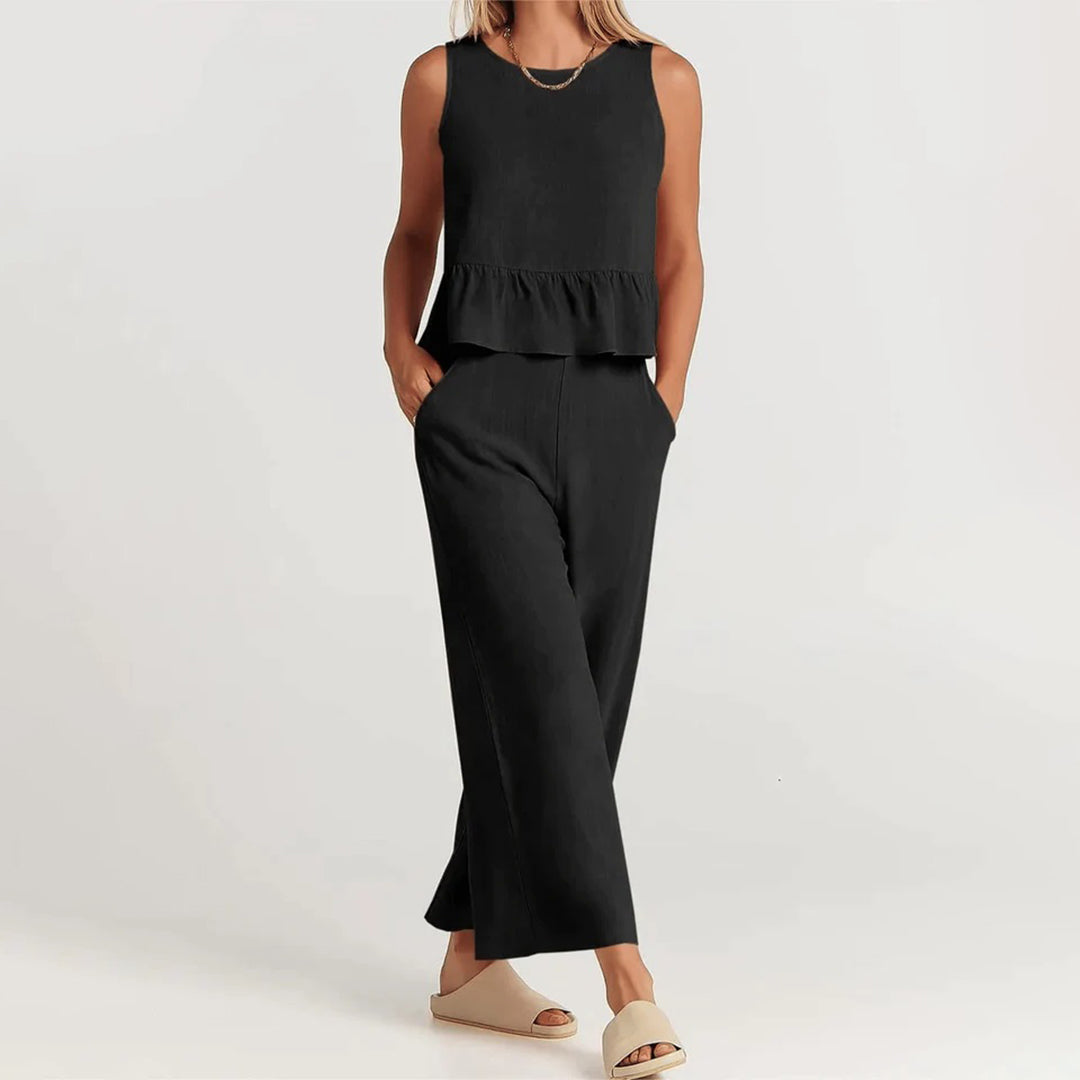 Women's Sleeveless Jumpsuit - Peplum Waist - Wide-Leg Cropped Fit - Lightweight & Breathable