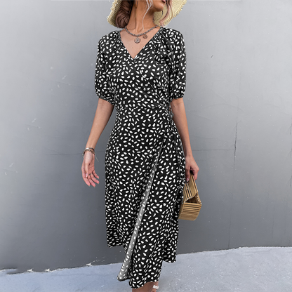 Women's Wrap Dress - Polka Dot Print - Midi Length - Puff Sleeve V-Neck Elegant Fit