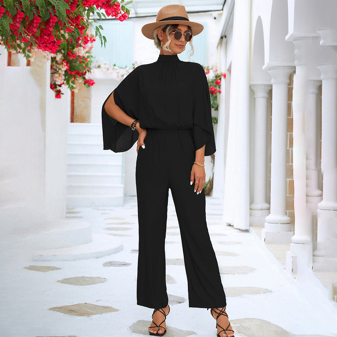 Women’s Jumpsuit – Relaxed Fit – High Neck – Cape Sleeve – Breathable Blend