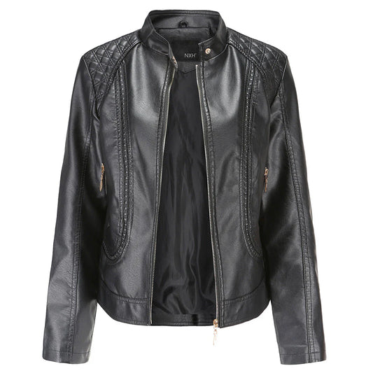 Women’s Leather Jacket – Slim Fit – Quilted Shoulders – Stand Collar – Zipped Pockets