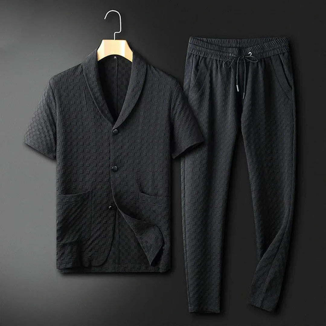 Men’s Lounge Set – Relaxed Fit – Breathable Blend – Shawl Collar Shirt with Drawstring Pants