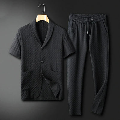 Men’s Lounge Set – Relaxed Fit – Breathable Blend – Shawl Collar Shirt with Drawstring Pants
