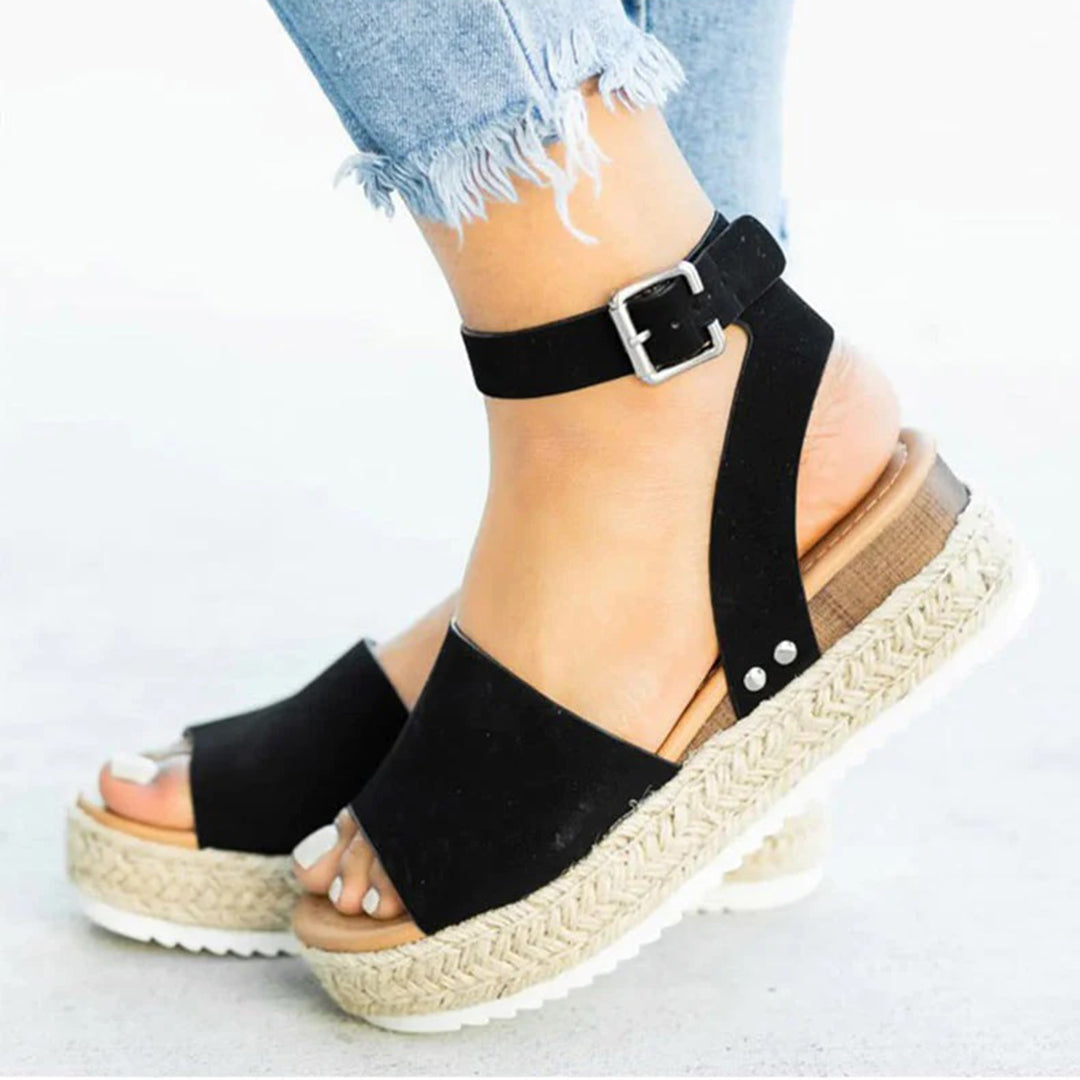 Women's Platform Sandals - Espadrille Sole - Adjustable Ankle Strap - Toe Band