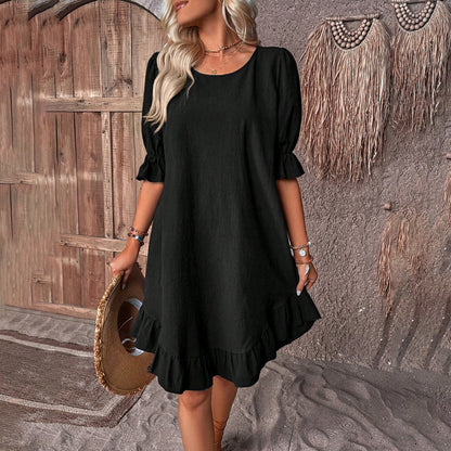 Women's A-Line Dress - Puff Sleeve - Ruffled Hem - Relaxed Fit - Lightweight Fabric