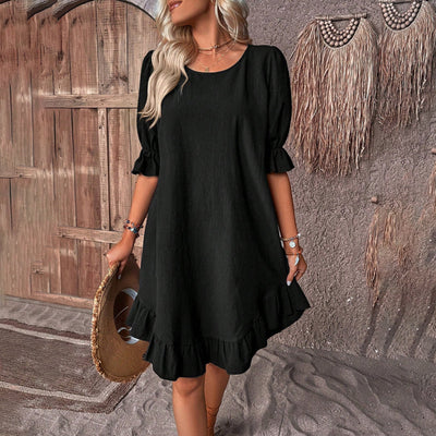 Women's A-Line Dress - Puff Sleeve - Ruffled Hem - Relaxed Fit - Lightweight Fabric