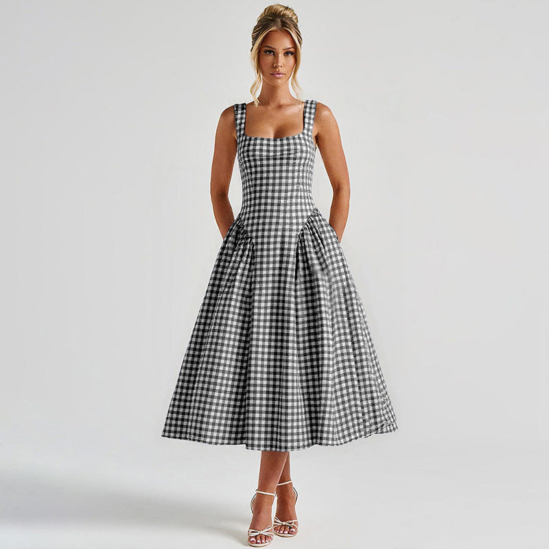 Women’s Midi Dress – Princess Silhouette – Square Neck – Checkered Pattern