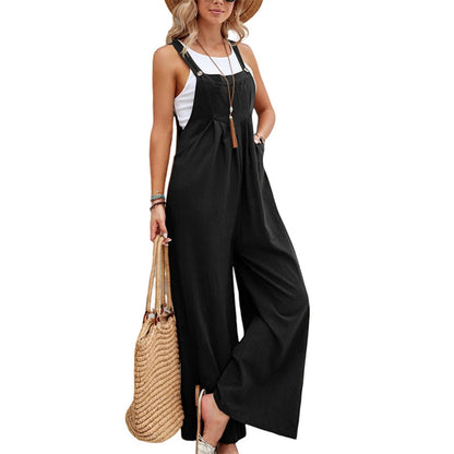 Women's Jumpsuit - Lightweight Linen Cotton - Sleeveless Wide-Leg - Adjustable Straps