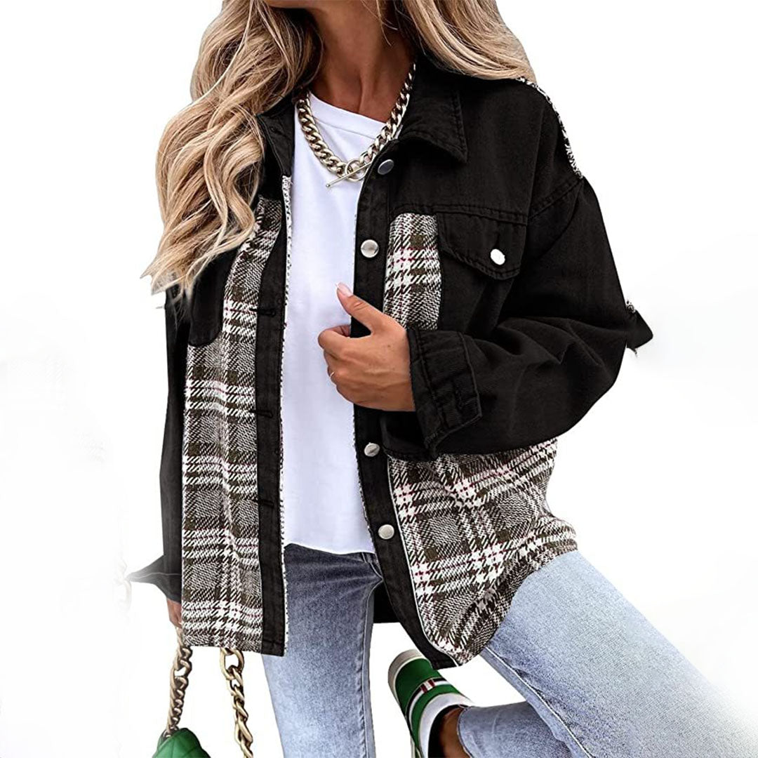 Women’s Casual Jacket – Relaxed Fit – Button Front – Patchwork Plaid Panels