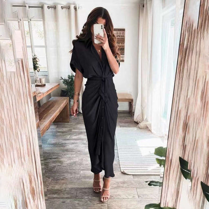Women's Shirt Dress - Button Down - Waist Tie - Short Sleeve Flowy Midi Length