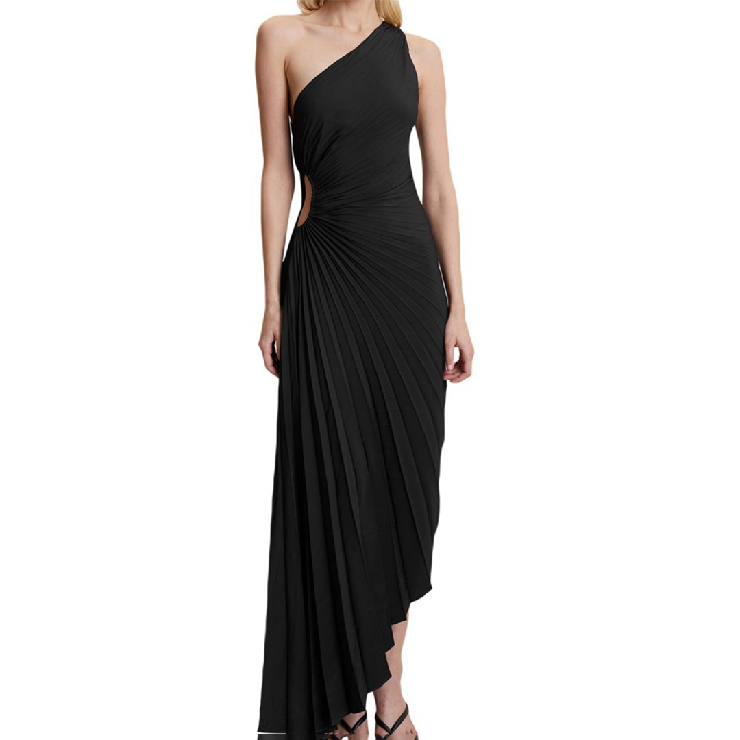 Women's One-Shoulder Evening Gown - Pleated Design - Fitted Bodice - Floor-Length Elegant Wear