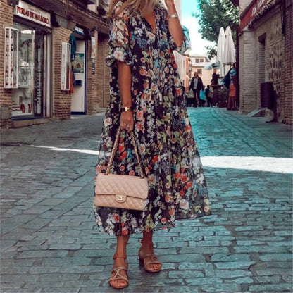 Women's Maxi Dress - Bohemian Floral Print - V-Neck - Elbow Sleeve Flowy Fit