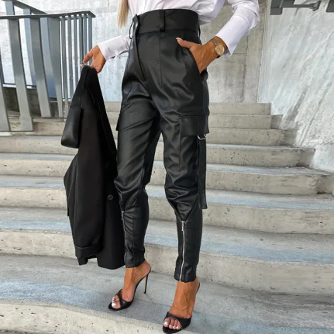 Women's sleek synthetic leather slim fit high-rise multi pocket pants