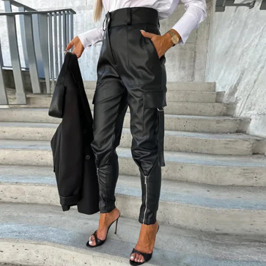 Women's High-Waisted Faux Leather Trousers - Tapered Fit - Multi-Pocket Cargo Style