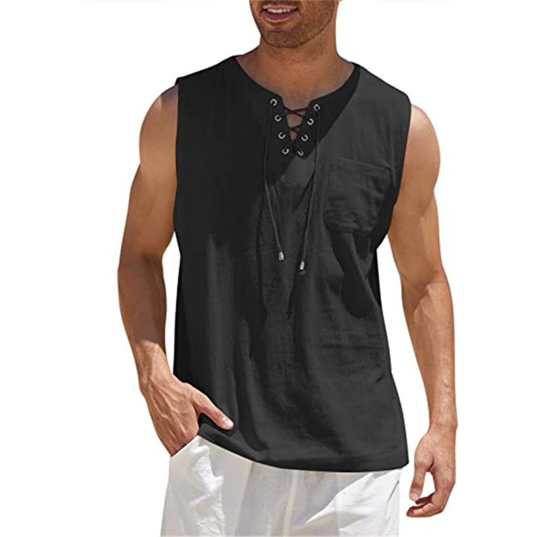 Men’s Sleeveless Shirt – Relaxed Fit – Breathable Blend – Lace-Up Front – Casual Wear