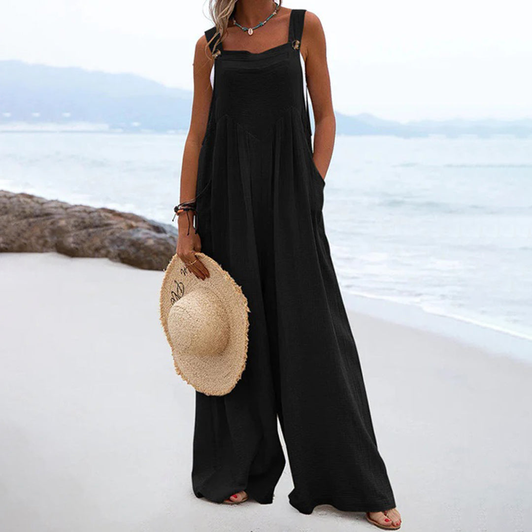 Women's Wide-Leg Jumpsuit - Sleeveless Loose Fit - Square Neck - Lightweight Cotton