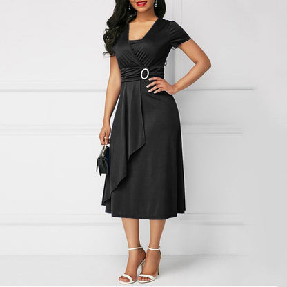 Women's Midi Dress - V-Neck Wrap Style - Short Sleeve Elegant Fit - Buckle Detail