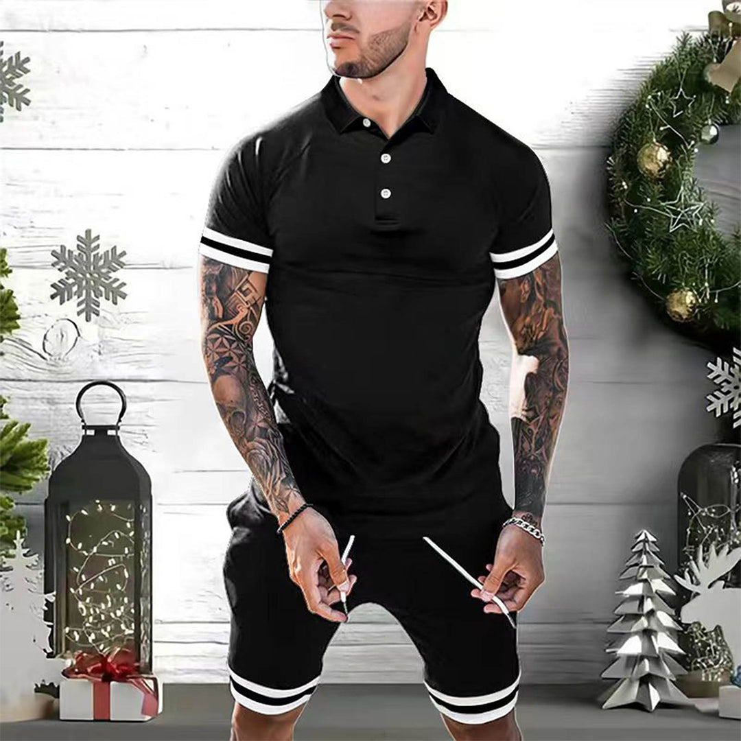 Men’s Polo Shirt and Shorts Set – Slim Fit – Breathable Blend – Sporty Stripe Detail