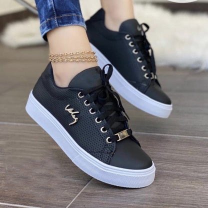 Women's Casual Sneakers - Breathable Leather - Lace-Up - Cushioned Sole - Everyday Wear