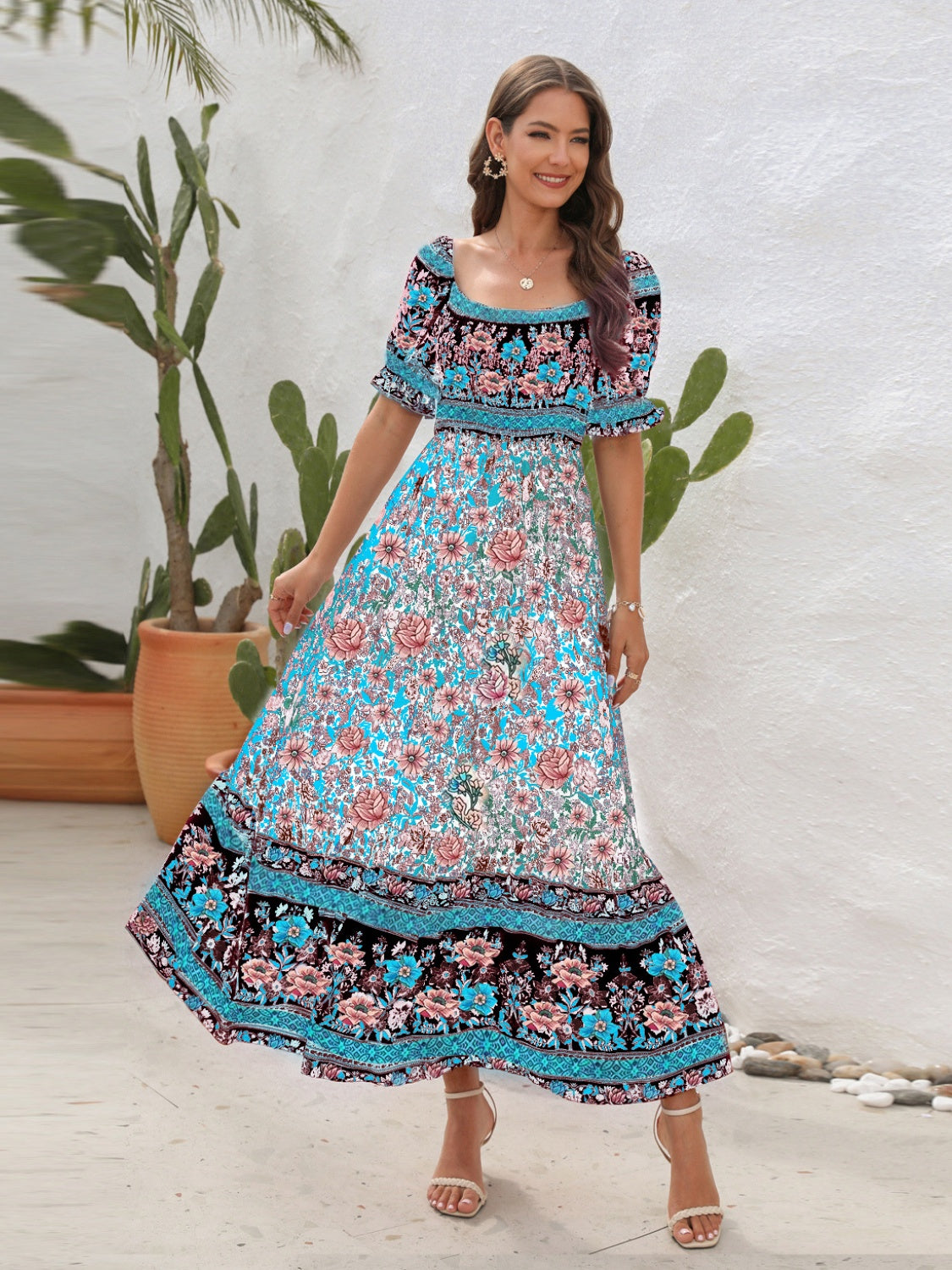 Women’s Maxi Dress – Smocked Bodice – Puff Sleeve – Side Slit – Bohemian Style