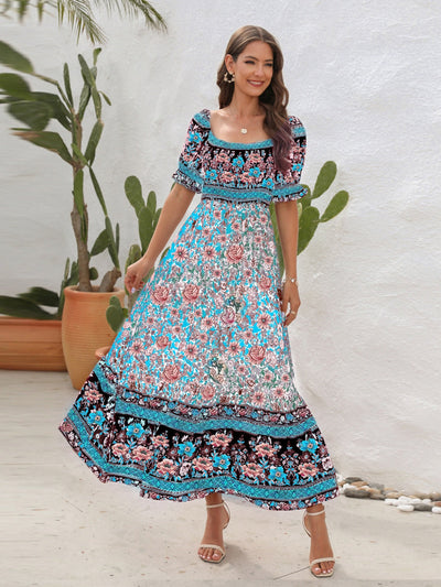 Women’s Maxi Dress – Smocked Bodice – Puff Sleeve – Side Slit – Bohemian Style