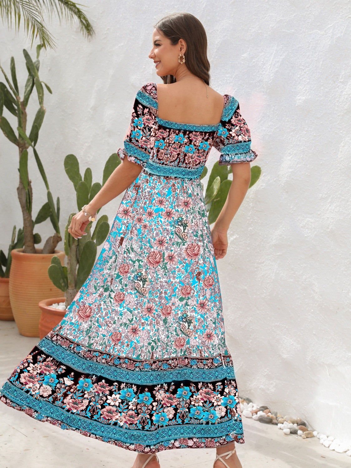 Women’s Maxi Dress – Smocked Bodice – Puff Sleeve – Side Slit – Bohemian Style