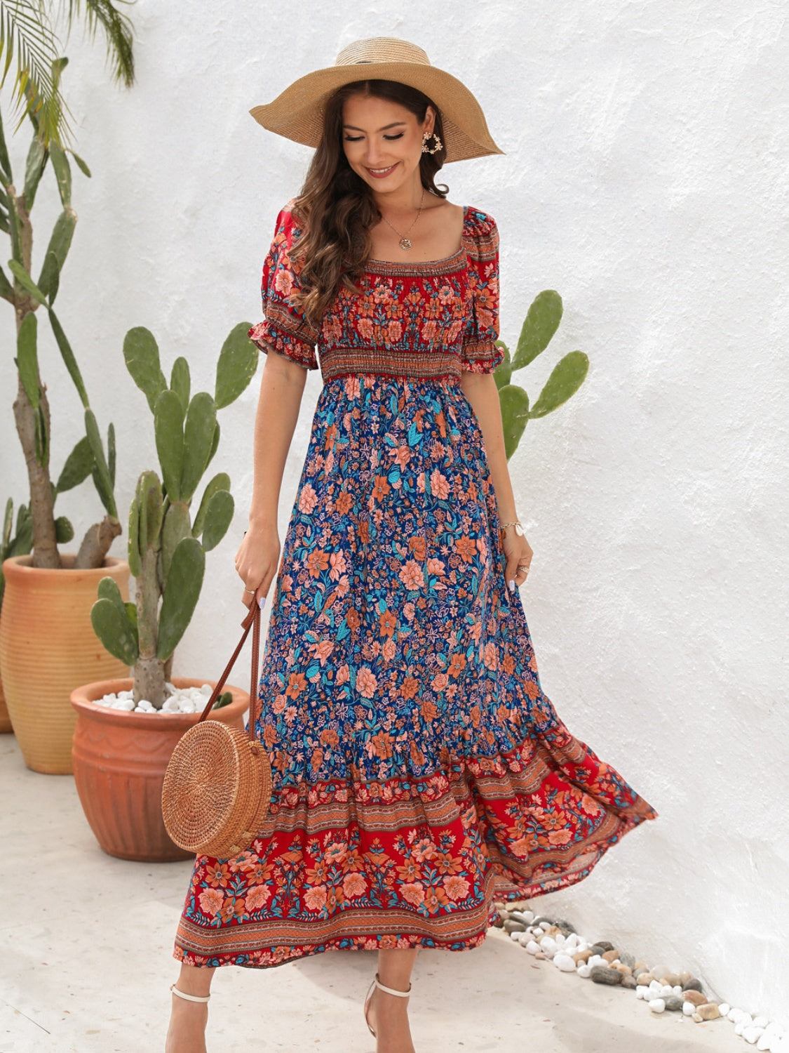 Women’s Maxi Dress – Smocked Bodice – Puff Sleeve – Side Slit – Bohemian Style