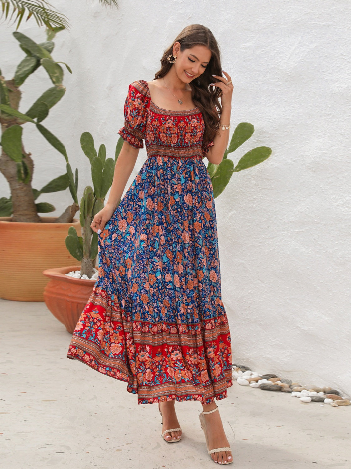 Women’s Maxi Dress – Smocked Bodice – Puff Sleeve – Side Slit – Bohemian Style
