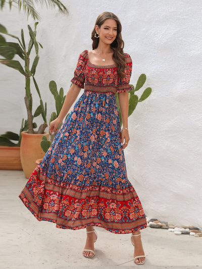 Women’s Maxi Dress – Smocked Bodice – Puff Sleeve – Side Slit – Bohemian Style