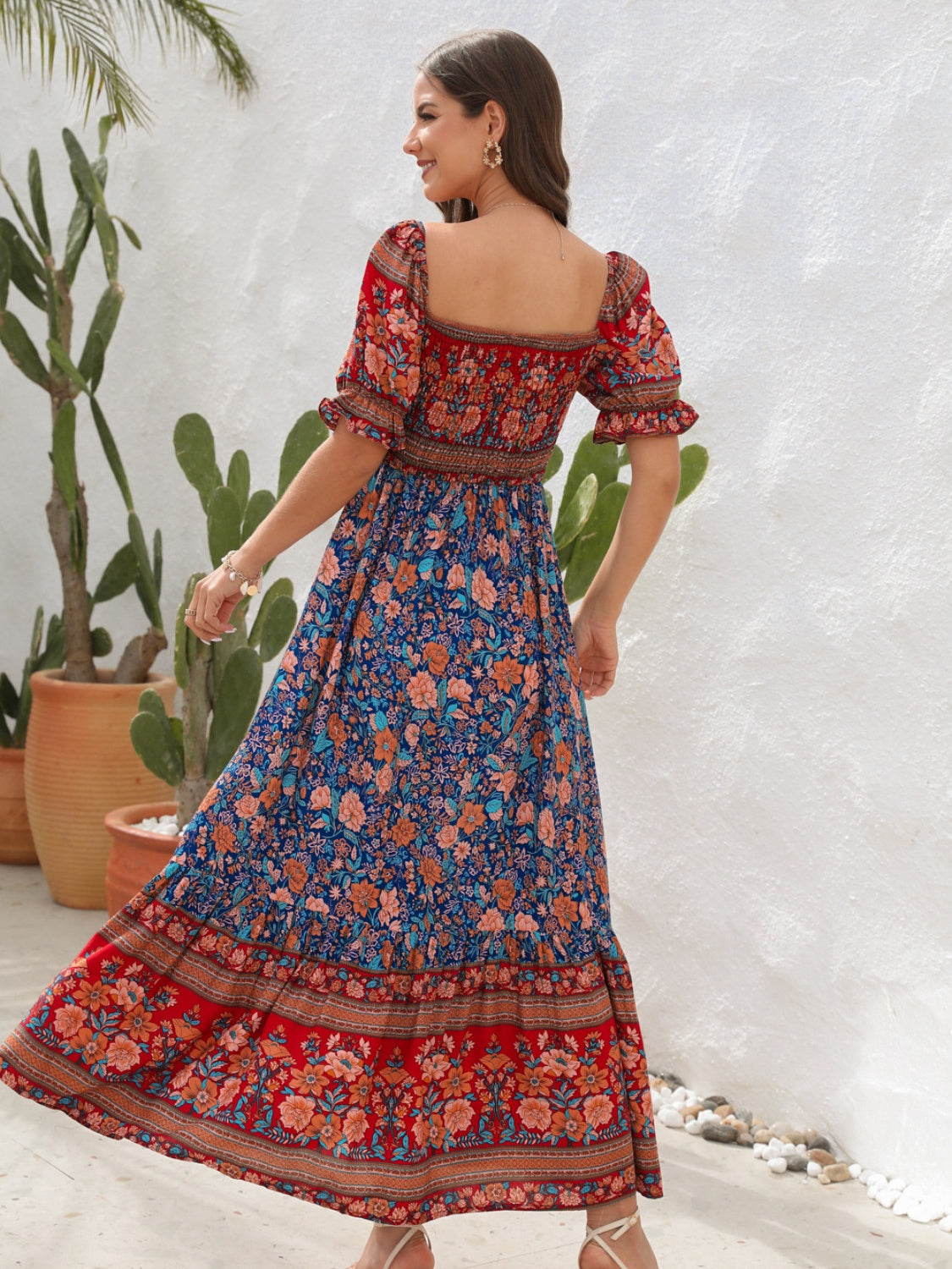 Women’s Maxi Dress – Smocked Bodice – Puff Sleeve – Side Slit – Bohemian Style