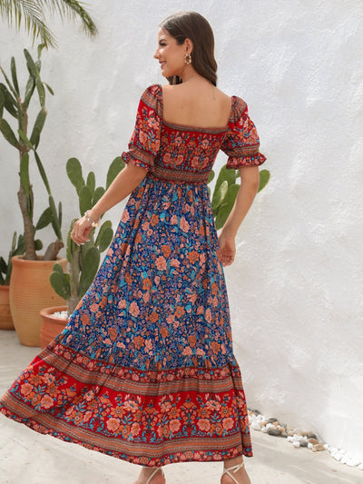 Women’s Maxi Dress – Smocked Bodice – Puff Sleeve – Side Slit – Bohemian Style