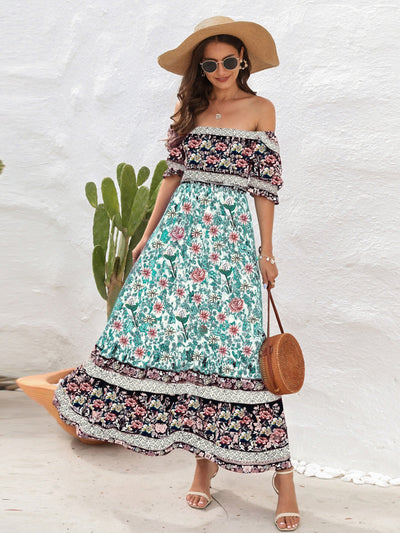 Women’s Maxi Dress – Smocked Bodice – Puff Sleeve – Side Slit – Bohemian Style