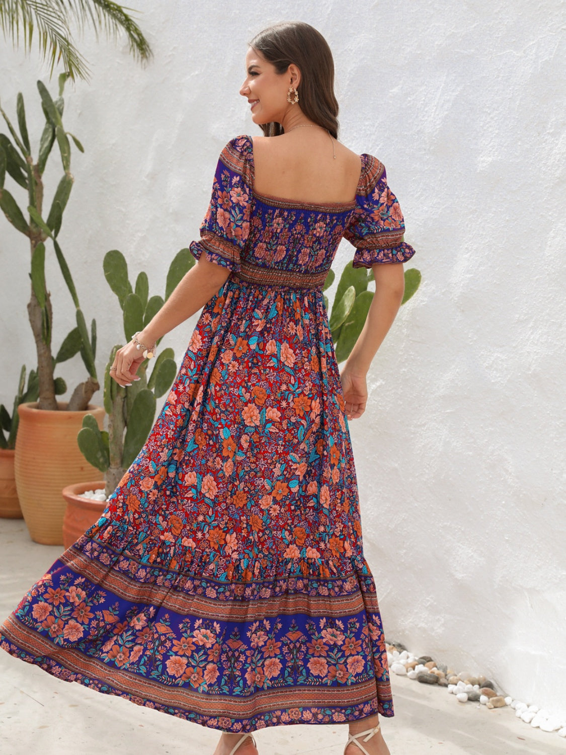 Women’s Maxi Dress – Smocked Bodice – Puff Sleeve – Side Slit – Bohemian Style