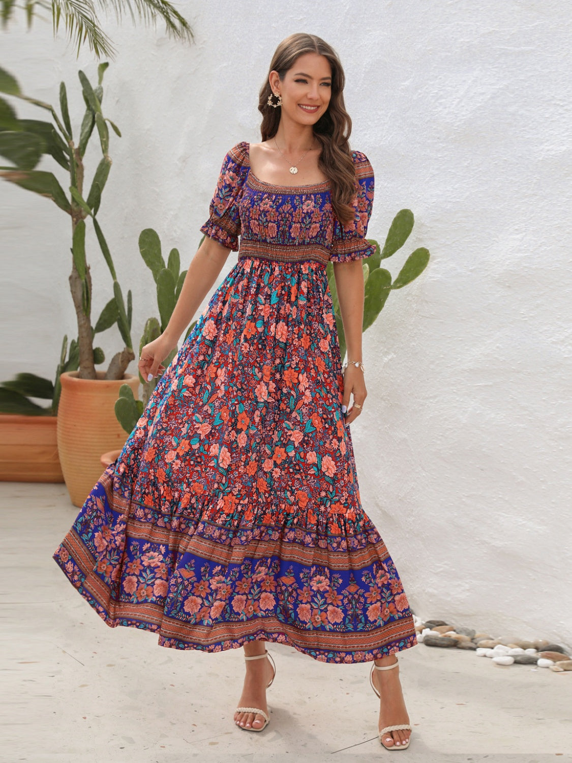 Women’s Maxi Dress – Smocked Bodice – Puff Sleeve – Side Slit – Bohemian Style